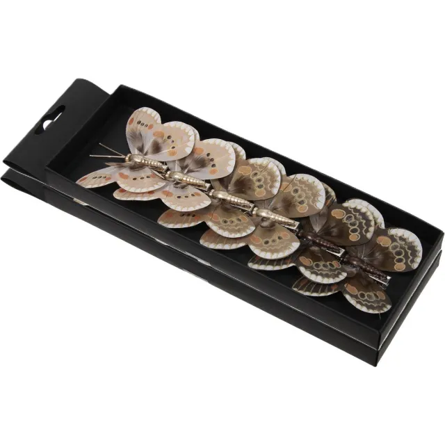 Othmar Decorations vlinders op clip - 12x st - bruin tinten - 8 cm - kunststof -kerstversiering