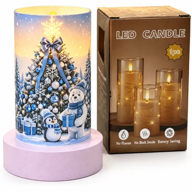 SWGOTA led kaarsen - 1 blauwe kaarslamp met kerstboomprint, 7,5 x 12,5 cm, warm licht, kunststof, op batterijen, zonder batterijen