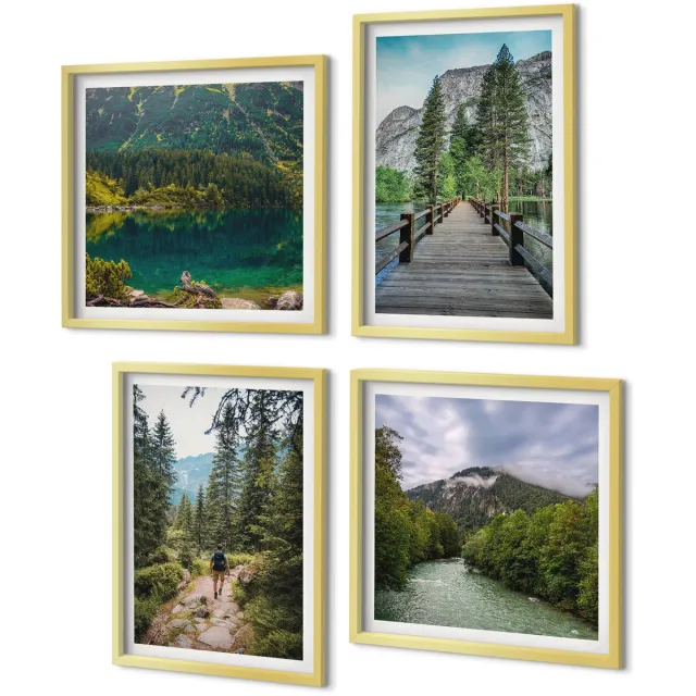 Coloray 4-Delige Schilderij Set - Bergen, meren, bossen en paden in de natuur - 40 x 40 cm en 40 x 60 cm - Decoratieve Muurdecoratie - Slaapkamer - Moderne Wanddecoratie Gouden lijst