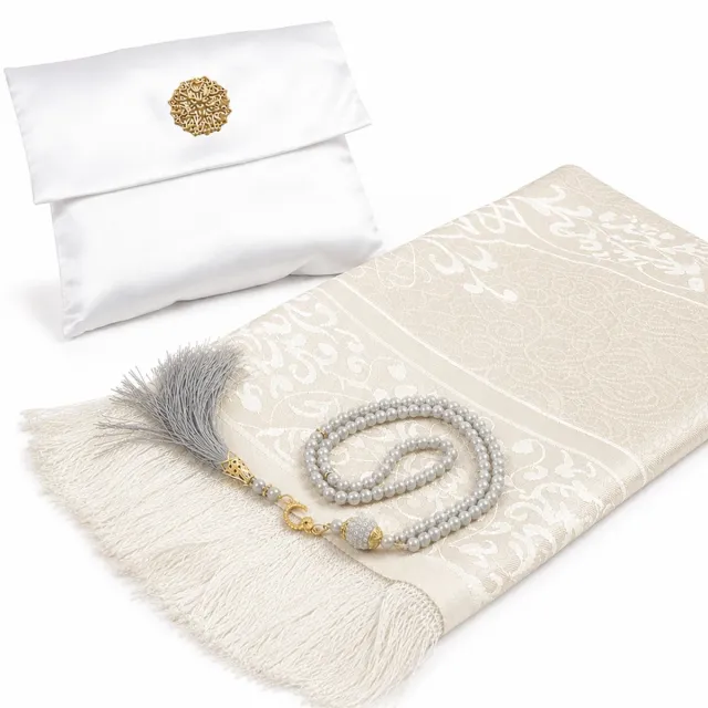 Baraka Treasures Luxe Cadeauset - Gebedskleed Set - Islamitische Giftset - Gebedskleed met Tasbih - Luxe Opbergtas - Eid Cadeau - 105cm x 70cm - Wit