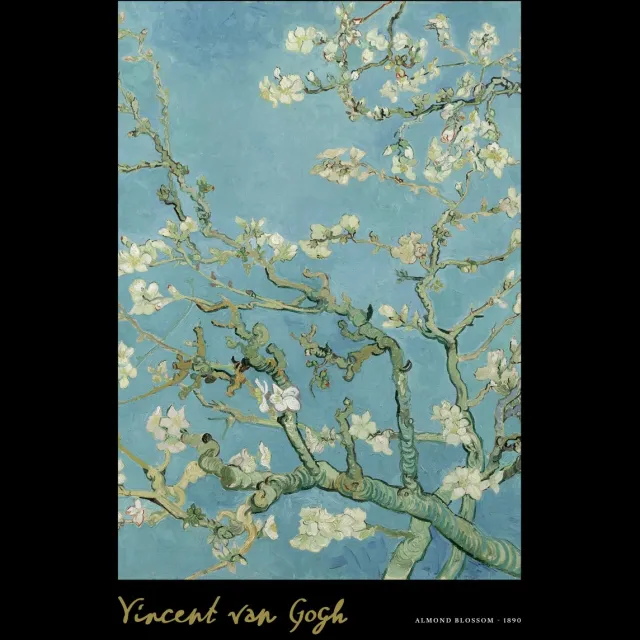 Yisual Poster 30x40 cm - Amandelbloesem - Vincent van Gogh - Bloesemtakken - Blauw - Zwart - Postimpressionisme - Botanisch - Muurdecoratie - Wanddecoratie