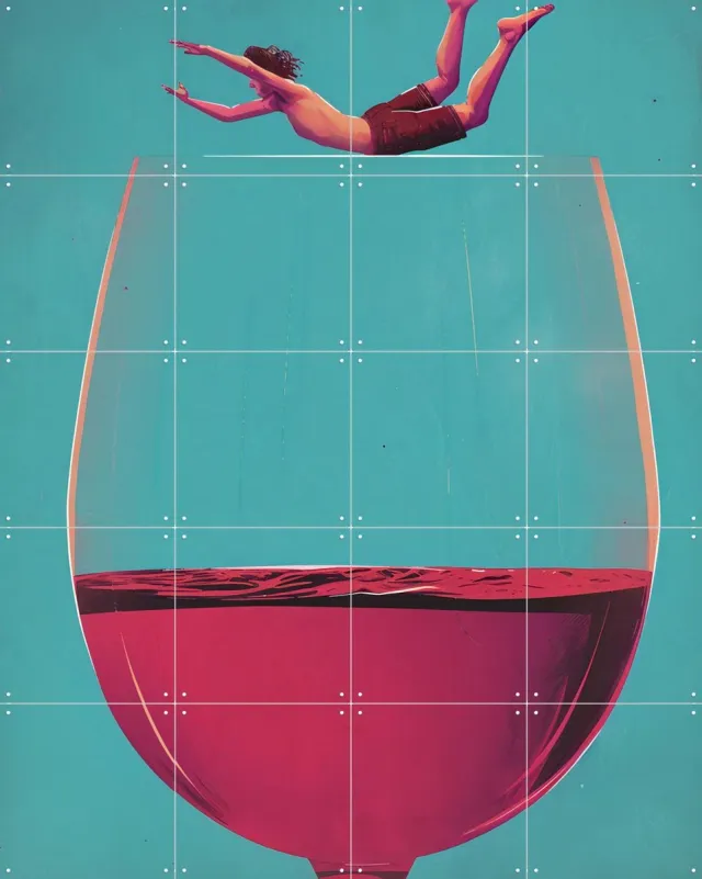 IXXI Wine Dive, Andreas Magnusson & Various - 80 x 100 cm - Grote wanddecoratie en posters - Illustraties, Modern, Abstract, Speels, Digitale Kunst Rood / Blauw