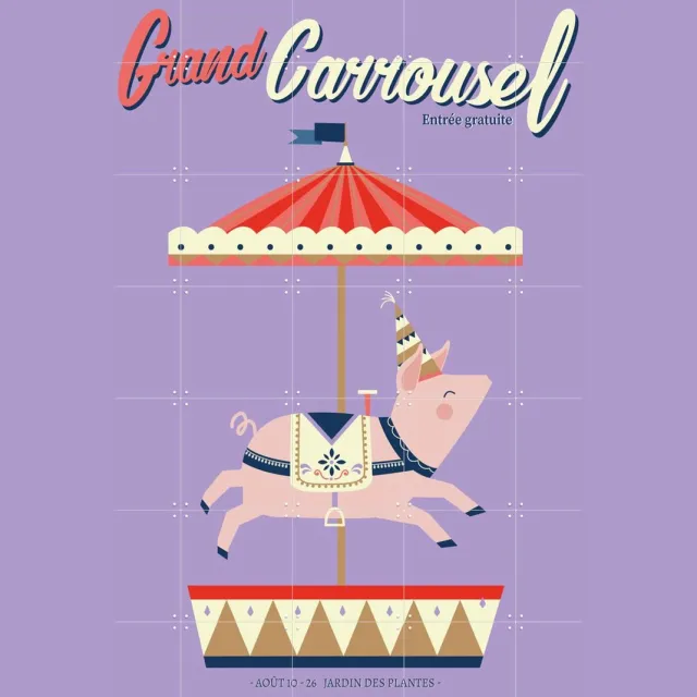 IXXI Carrousel Pig, Jetske Kox - 100 x 140 cm - Grote wanddecoratie en posters - Illustraties, Fantasierijk, Speels, Kleurrijk, Cartoonesk, Babykamer Roze