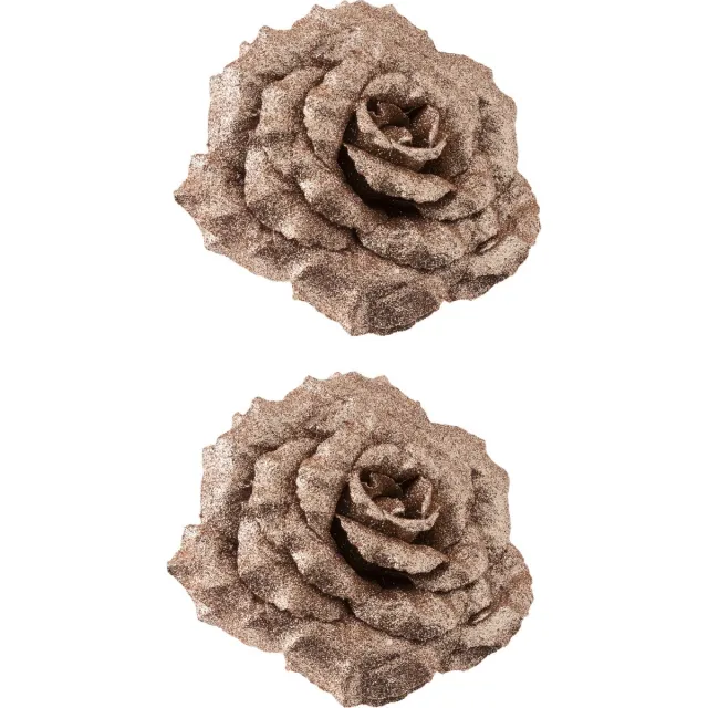 Cosy&Trendy Decoratie bloemen roos - champagne - glitter - 6x stuks - op clip - 18 cm - Decoratiebloemen - kerstboomversiering - kerstversiering