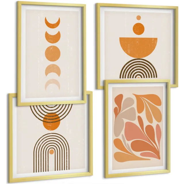 TULUP 4-Delige Schilderij Set - Abstracte vormen in oranje tinten - 40 x 40 cm en 40 x 60 cm - Muurdecoratie - Decoratieve Schilderijen - Wohnzimmer - Woonkamer Decoratie Gouden lijst