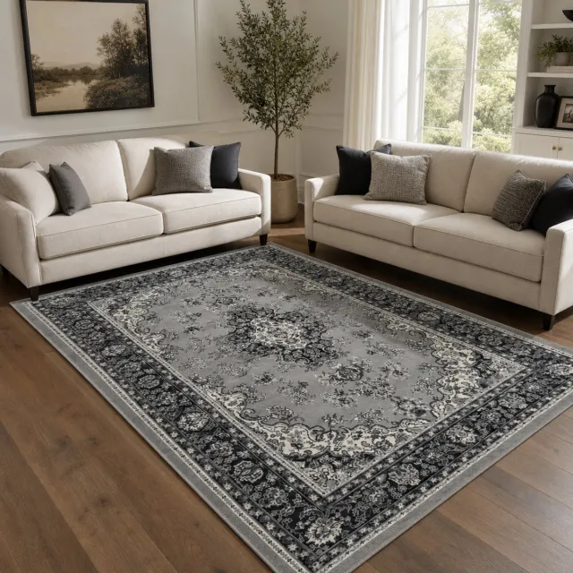 Muratap Nain Klassiek Vintage Oosters Vloerkleed Medaillon Grijs Zilver- 80x150 CM