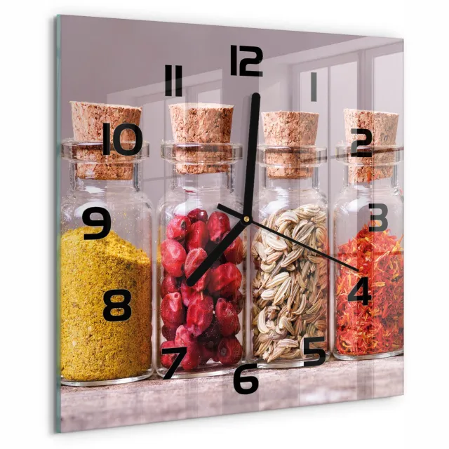 TULUP Wandklok - Kleurrijke specerijen Decoratieve Glazen Klok - 30x30 cm - Veelkleurig Glazen Wandklok Design - Zwarte handen - Vierkante Klok - Glazen Klok Met Print - Wandklok Glas Met Motief