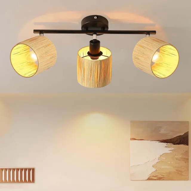 Glitzerlife Plafondspot Plafondlamp - 3xE14 fitting - opbouwspots - 350 graden draaibaar 90 graden zwenkbaar - Boho Vintage - Ø40cm - Zwart & Natuurlijke Kleur Natuurlijke Kleur Rechthoekig