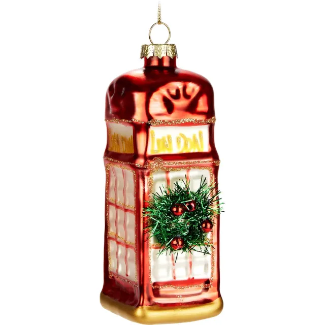 Brubaker Telefooncel UK - handbeschilderde glazen kerstbal - 13 cm boombal - Engeland kerstdecoratie - mondgeblazen kerstboomversiering - figuur grappige decoratieve hanger Rood