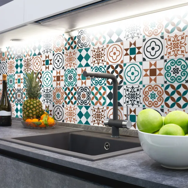 Ambiance Sticker Zelfklevende tegelmuurstickers voor keuken en badkamer - 24 cementtegelstickers, Azulejos Zoenia Design - 24 stickers, 15x15cm Multi color