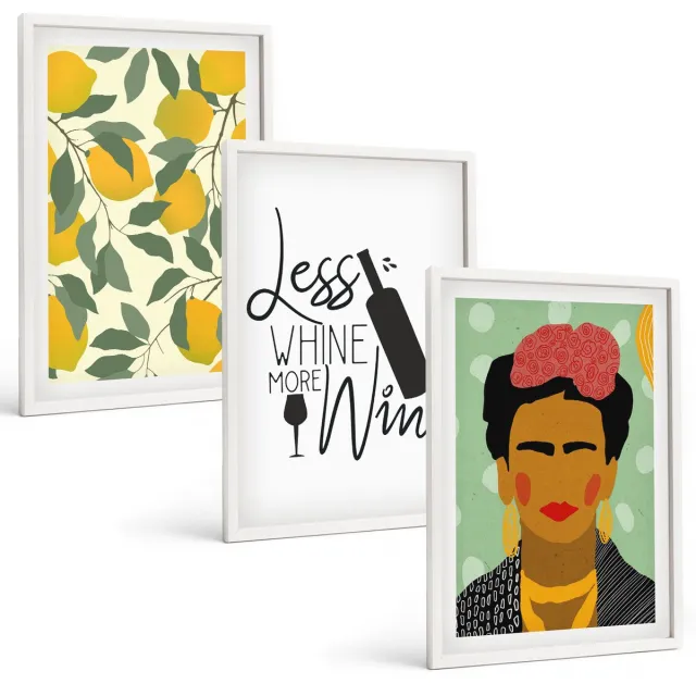 Coloray 3-Delige Schilderij Set - Citroenen Wachtwoord Over Wijn Portret Van Frida Kahlo - 40 x 60 - Muurdecoratie - Decoratieve Schilderijen - Wohnzimmer - Interieur Decoratie Witte lijst