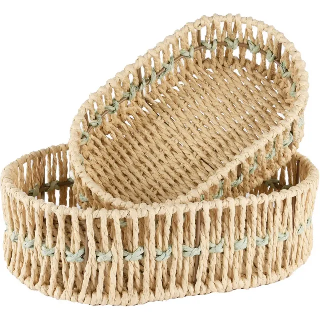 dekoratief Set 2 manden ovaal, naturel/groen, jute, 30x20x9cm | A250076