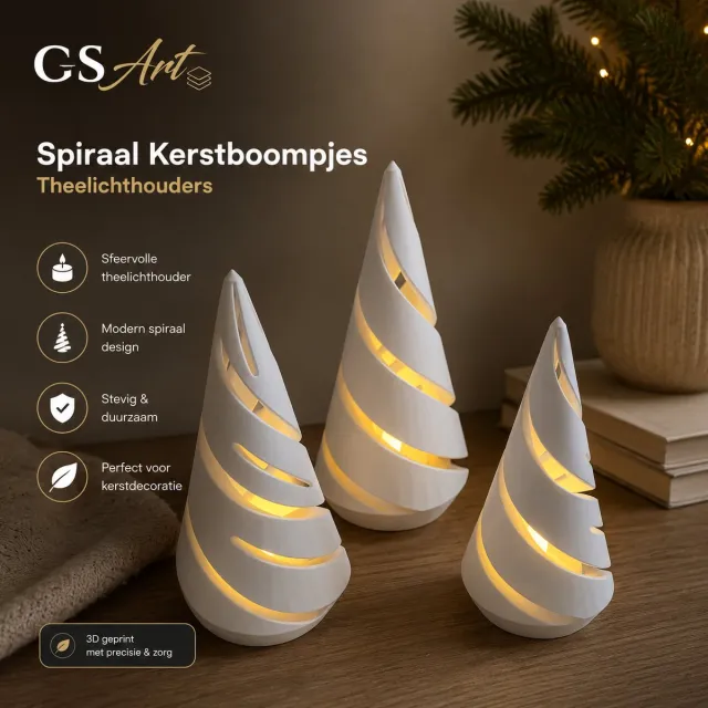 GSArt Spiraal Kerstboompjes Theelichthouders – Set van 3 met LED Theelichtjes - Mat Wit
