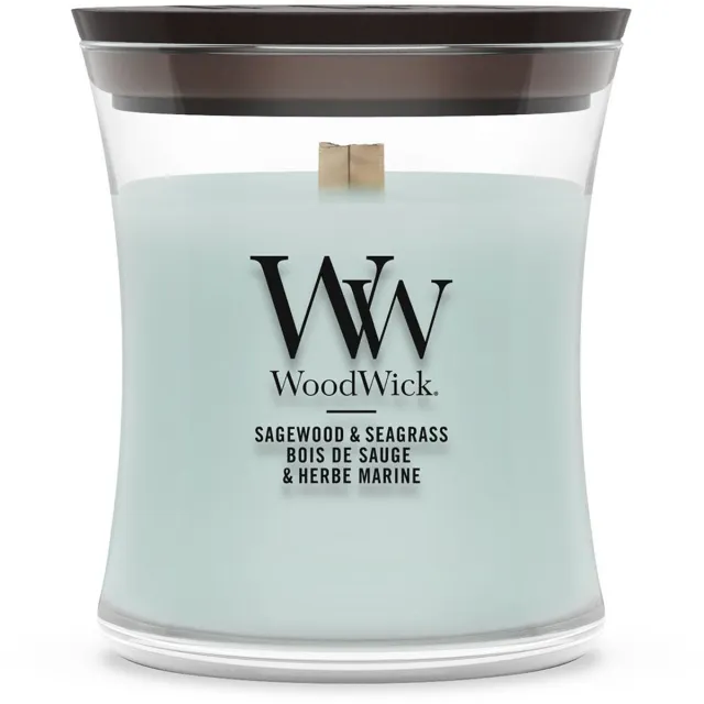 Woodwick Geurkaars Mini Candle - Sagewood & Seagrass - 20 branduren - 85gr - 8 cm / ø 7 cm Aqua-kleur
