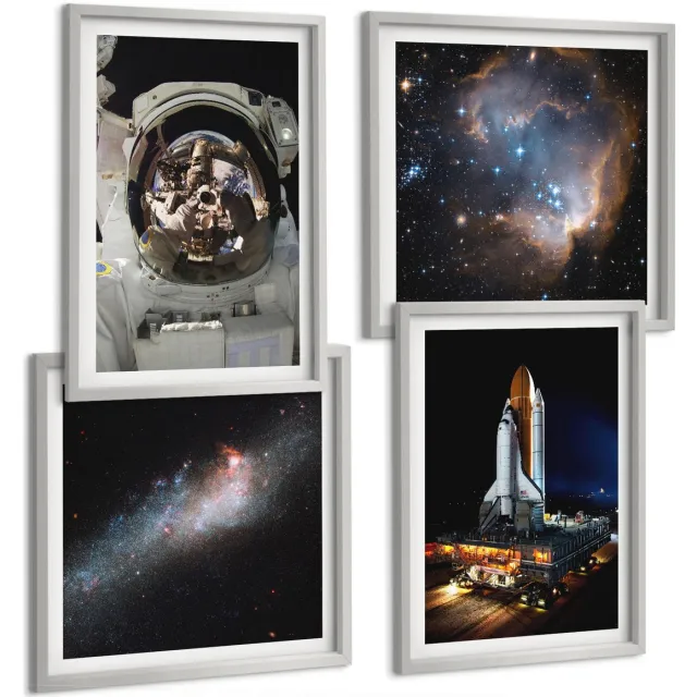 TULUP 4-Delige Schilderij Set - Foto's van astronauten die op de maan landen - 40 x 40 cm en 40 x 60 cm - Muurdecoratie - Schilderijen Set - Woonkamer - Interieur Decoratie Zilveren lijst