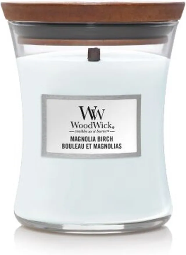 Woodwick Hourglass Medium Geurkaars - Magnolia Birch - 60 branduren Licht blauw