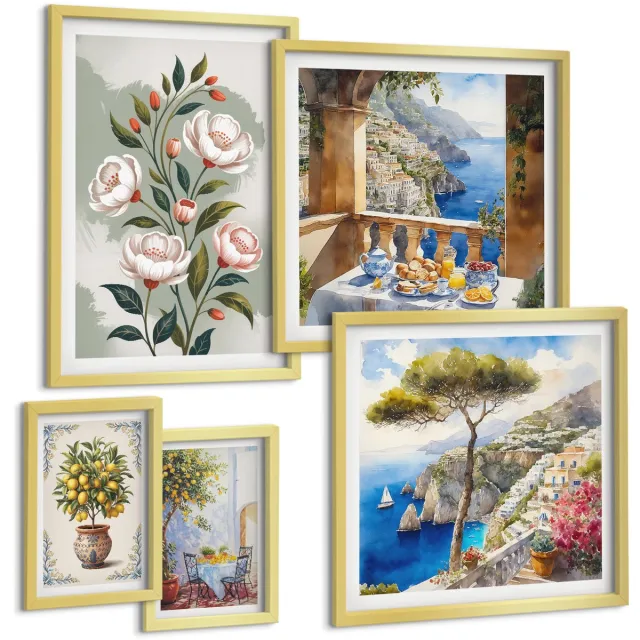 Coloray 5-Delige Schilderij Set - Bloemmotieven En Pittoreske Landschappen - 50 x 50 cm, 20 x 30 cm En 40 x 60 cm - Decoratieve Schilderijen - Woonkamer - Interieur - Woonkamer Decoratie Gouden lijst