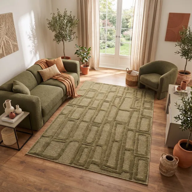 Tapiso Relievo Vloerkleed Geometrisch - 3D Hoog-Laag Structuur - Modern Tapijt voor Woonkamer en Slaapkamer - Olijfgroen 140x200 Olijfgroen Geometrisch
