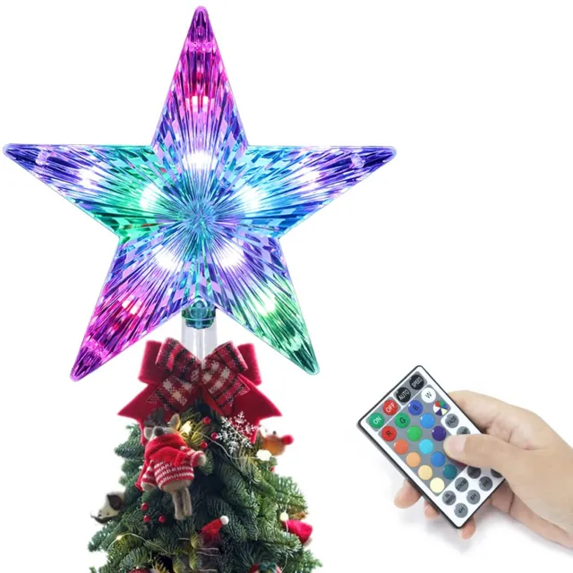 Namajunas kerstboom sterren - met afstandsbediening - LED-uitvoering met RGB-kleurwisseling - diameter 22 cm - 16 kleuren en meerdere knipperstanden - kerst decoratie - kerstboom top ster accessoire - geschikt voor kerstbomen van alle formaten transparant