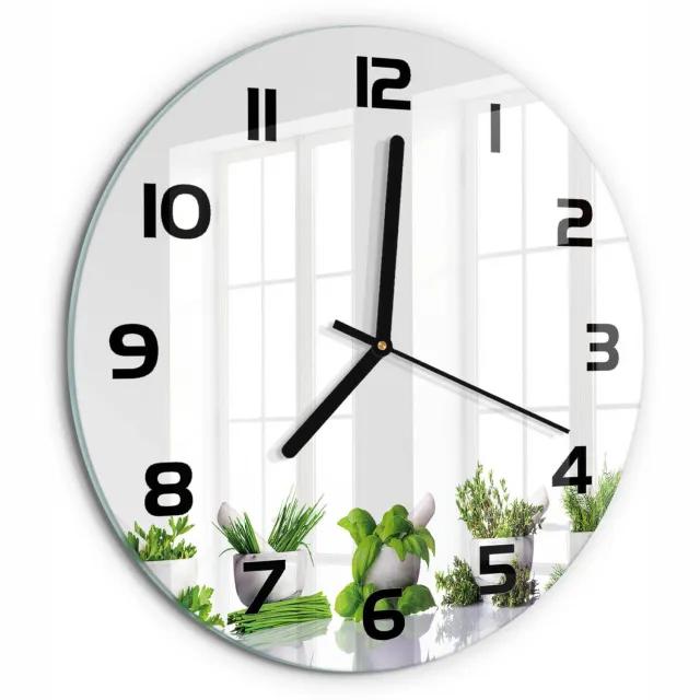 TULUP Wandklok - Kruiden Klok Glas Met Opdruk - fi30 cm - Groente Moderne Wandklok Glas - Zwarte handen - Ronde Klok - Decoratieve Glazen Klok - Glazen Wandklok Design