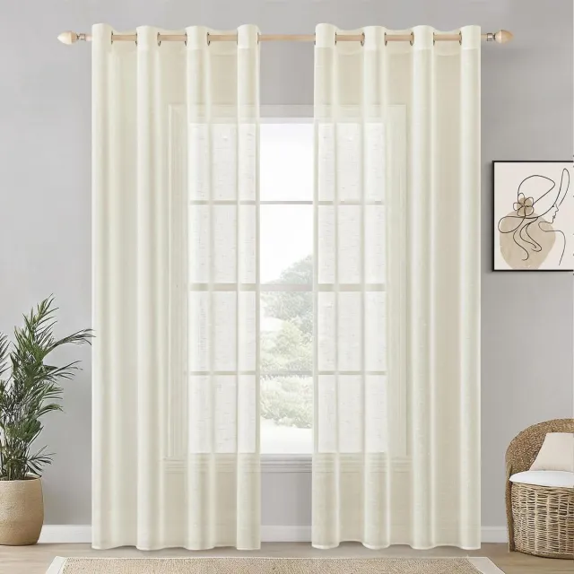 Allecto Plus Vitrage linnen voile gordijnen set van 2, modern design, woonkamer, 140 x 245 cm - Ivoorwit Any
