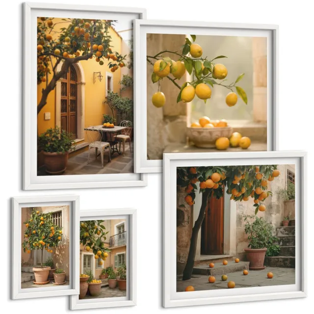 TULUP 4-Delige Schilderij Set - Citrusvruchten in charmante hoekjes van de tuin - 50 x 50 cm, 20 x 30 cm en 40 x 60 cm - Muurdecoratie - Interieur Decoratie - Wanddecoratie Witte lijst