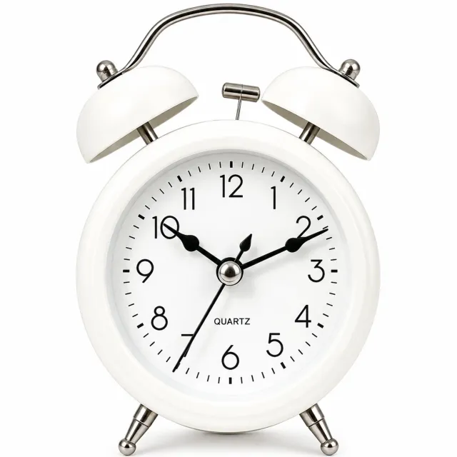 SWGOTA Witte analoge dubbelbelwekker, 3 inch uitvoering met cijfers, op batterijen, voor bureau en nachtkastje