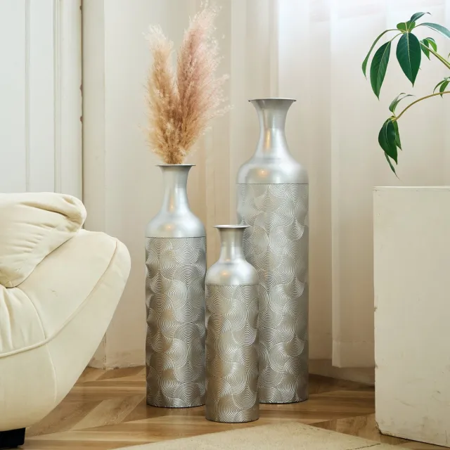 FloraGrace Vaas Vloerdecoratie – 3-Delige Set 50/66/83 cm – Metaal – Zilver – Golvend Reliëf voor Droogbloemen en Siergrassen – Modern