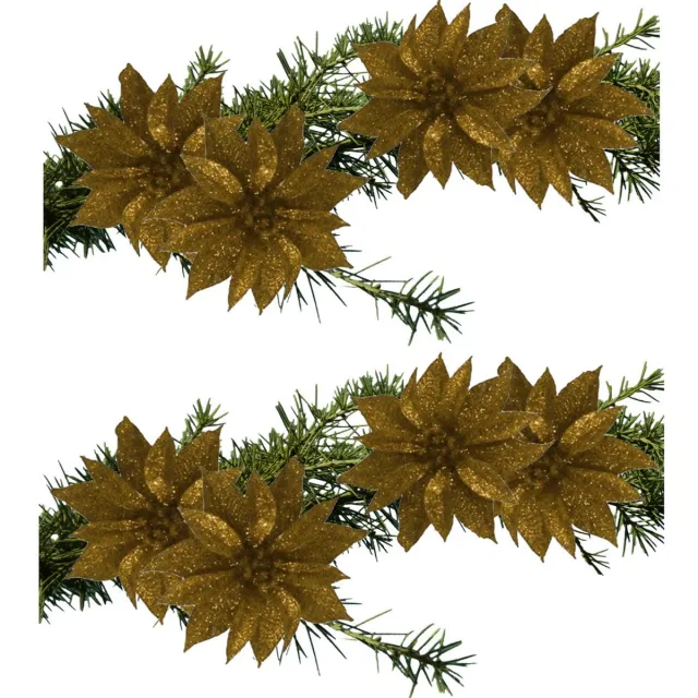 Gerimport Kerstboomversiering Bloemen - 8x stuks - 9 cm - goud glitter - op clip
