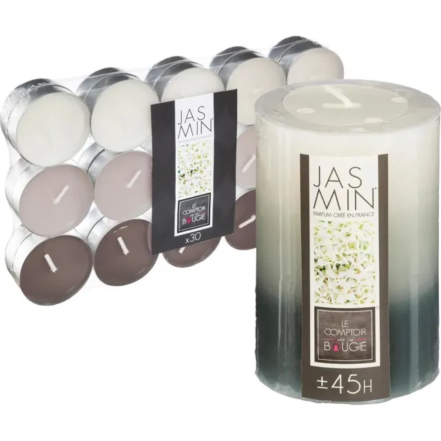 Atmosphera Geurkaarsen set - 1x stompkaars en 30x theelichtjes - Jasmijn Beige