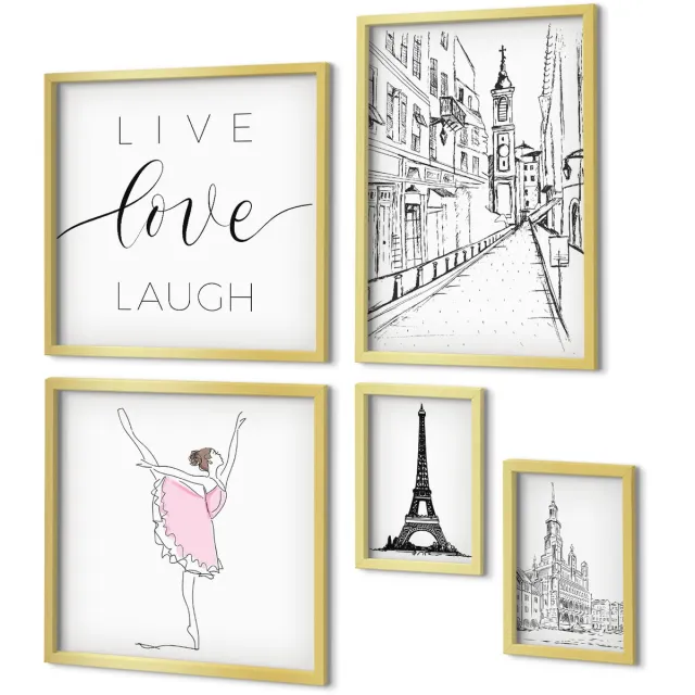 Coloray 5-Delige Schilderij Set - Stijlvolle Inspiratie Met Parijse Accenten En Citaten - 50 x 50 cm, 20 x 30 cm En 40 x 60 cm - Muurdecoratie - Wanddecoratie - Slaapkamer - Decoratieve Schilderijen Gouden lijst