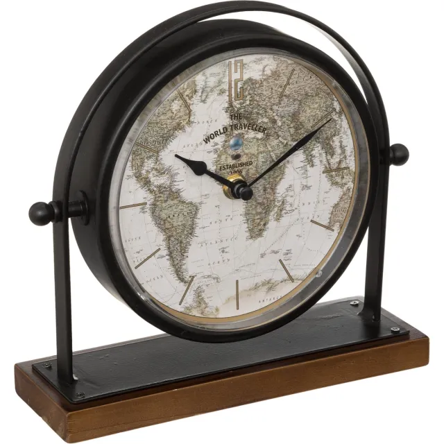 Atmosphera Tafelklok Earth Map - zwart - H21 cm - Dia klok 16 cm - glas/metaal/mdf - op standaard