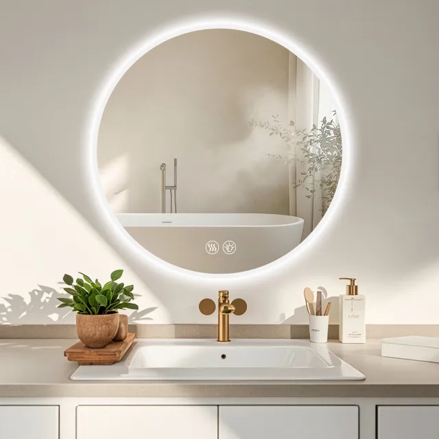 DESMIU LED Badkamerspiegel Rond 70 Cm Dimbaar Anti Condens Glas Metaal Zilver Voor Badkamer En Make Up Silver