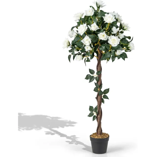 Costway Kunstboom met bloemen, 120 cm, kunstplant in pot, rozenboom met witte rozen en natuurlijke stam, kunstbloem voor thuis, kantoor, kamerplant, decoratieve plant Groen+Wit