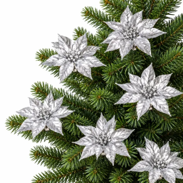 Gerimport Kerstboom bloemen op clip - 24x stuks - zilver - kunststof - kerstornamenten