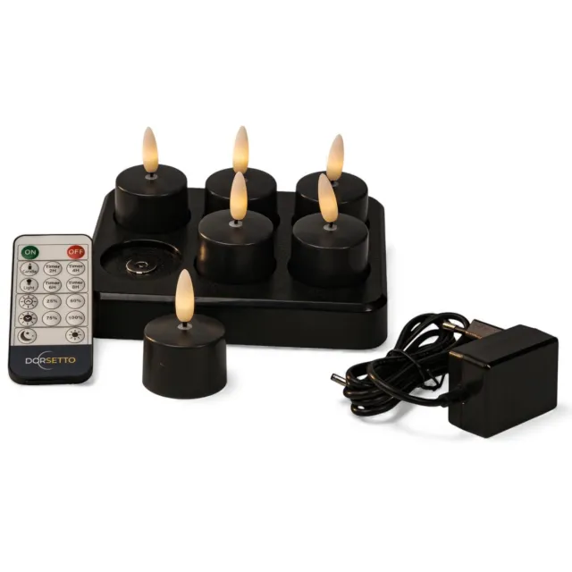 Dorsetto Led waxinelichtjes zwart – tot 400 uur brandduur – 6 stuks – met afstandsbediening – realistisch vlameffect