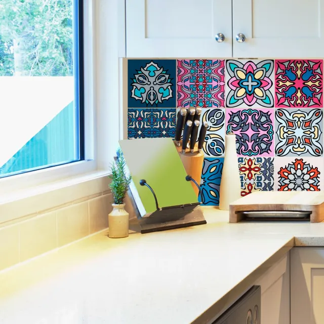 Ambiance Sticker Zelfklevende muurstickers met tegelmotief voor keuken en badkamer - 12 stickers met Australisch cementtegelmotief - 12 stickers van 10x10 cm Multi color