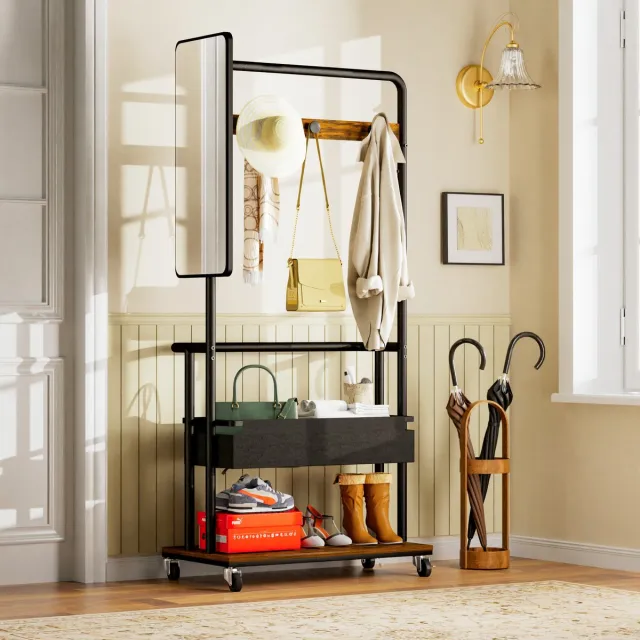 Zubaliya Mobiele Garderoberek - Industrieel Kledingrek met Spiegel en Mand - 3-in-1 Kledingkast - Metaal - Vintage Bruin - 70x40x170 cm zwart