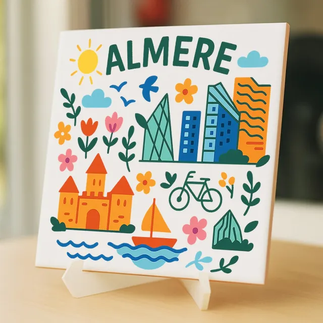 Kleurmedia Tegeltje Almere - 15×15 cm – Keramiek – Decoratief Souvenir – Inclusief Transparante Houder / Ezel – Cadeau - Tegeltjes met tekst