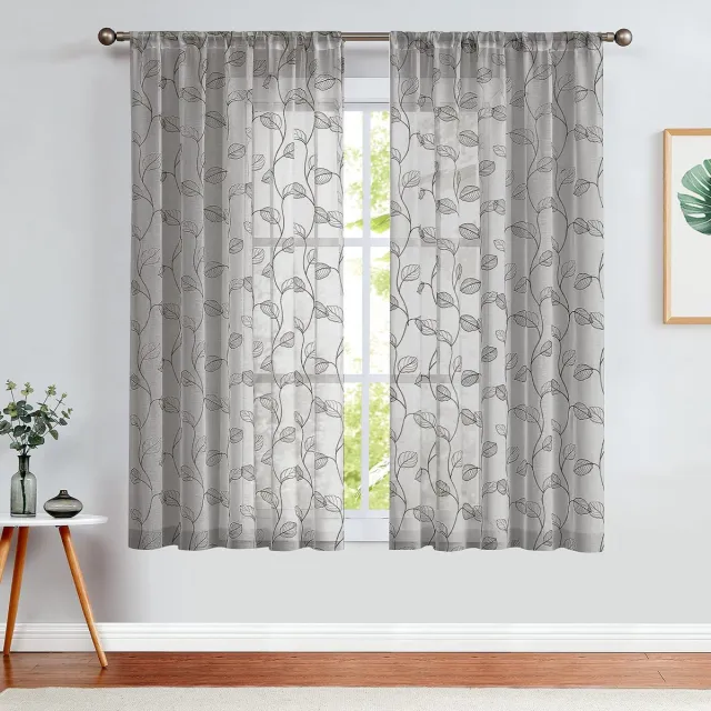 Unyqoos Elegante Lichtdoorlatende Gordijnen met Bladeren Borduursel voor Woon- en Slaapkamer, Set van 2, Grijs, 140 x 145 cm
