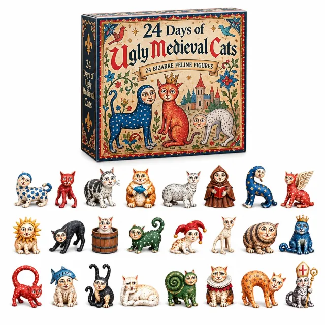 SWGOTA Adventskalender voor 24 dagen met 24 lelijke middeleeuwse kattenfiguren van acryl - Kerstdecoratie in geschenkdoos, geen montage nodig Meerkleurig