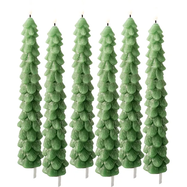 Lumineo LED kerstboom dinerkaars - 6x - groen - 29 cm - batterijen - timer - kerstdiner kaars - kaarsen - kerstkaarsen kerstdiner