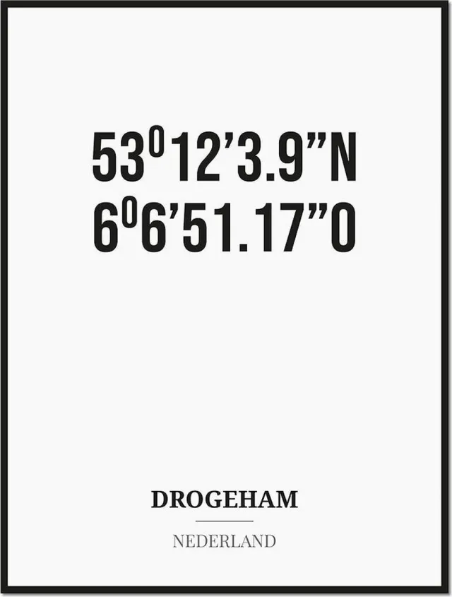 Studio216 Poster/kaart DROGEHAM met coördinaten zwart, wit