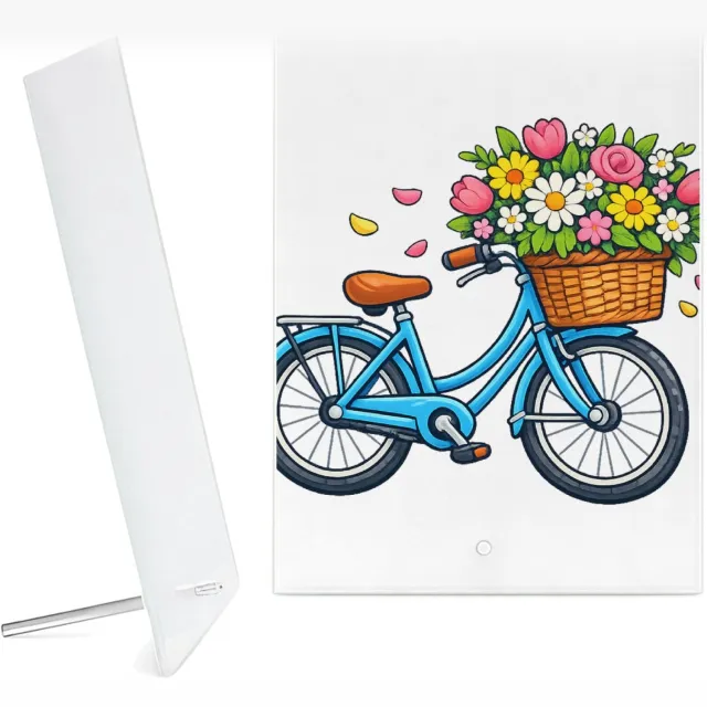 Mr Cadeautjes Glazen fotopaneel Vintage fiets met bloemenmand - 15 x 20 cm, staand - glas, decoratie, wanddecoratie | cadeau Wit