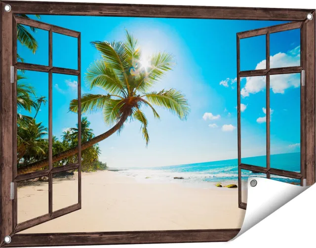 Gards Tuinposter Doorkijk Tropisch Strand en Zee in Sri Lanka - 90x60 cm - Tuindoek - Tuindecoratie - Wanddecoratie buiten - Tuinschilderij Donker bruin