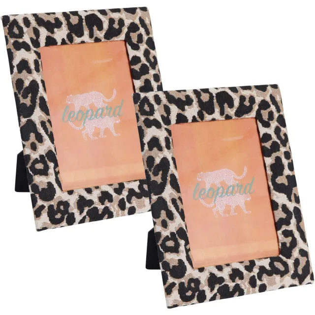 Home & Styling Fotolijstje Nel - 2x - luipaardprint - stof frame - voor foto van 10 x 15 cm - dierenprint Bruin