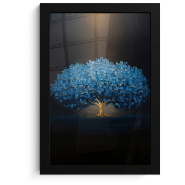 FrameYourWall Poster in lijst - Fotolijst 20x30 cm - Posters - Boom - Blauw - Bladeren - Penseelstreken - Posterlijst zwart - Decoratie - Wanddecoratie woonkamer - Muurdecoratie slaapkamer