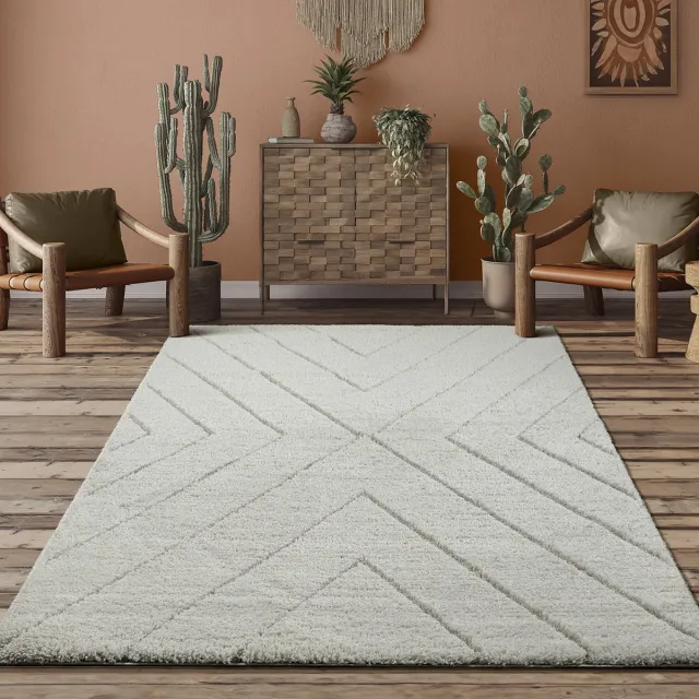 the carpet Bahar Shaggy – Hoogpolig vloerkleed met modern patroon, crème, 120 x 170 cm crème met chevronpatroon
