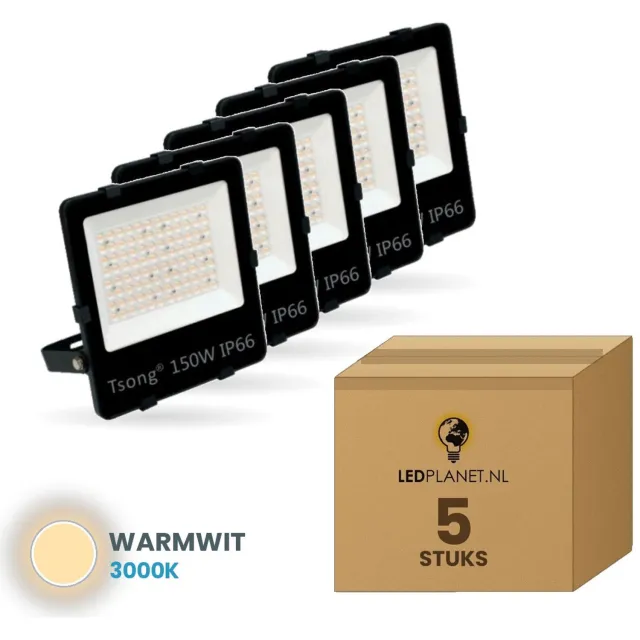 Tsong LED schijnwerper 150W - 5 stuks - Warmwit 3000K - 20.250 lm - 135 lm/W - 90° - IP66