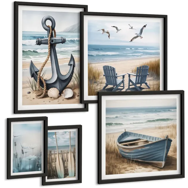 Coloray 5-Delige Schilderij Set - Inspiratie Voor Een Maritieme Stijl Met De Zee En Het Strand - 50 x 50 cm, 20 x 30 cm En 40 x 60 cm - Decoratieve Schilderijen - Woonkamer - Interieur - Wanddecoratie Zwarte lijst
